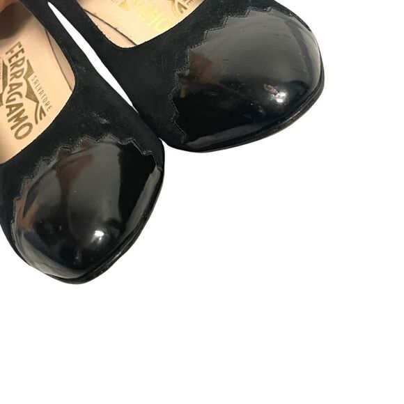 SALVATORE FERRAGAMO Suede Pumps Heel Shoes Patent Leather Black 8 - Picture 6 of 15